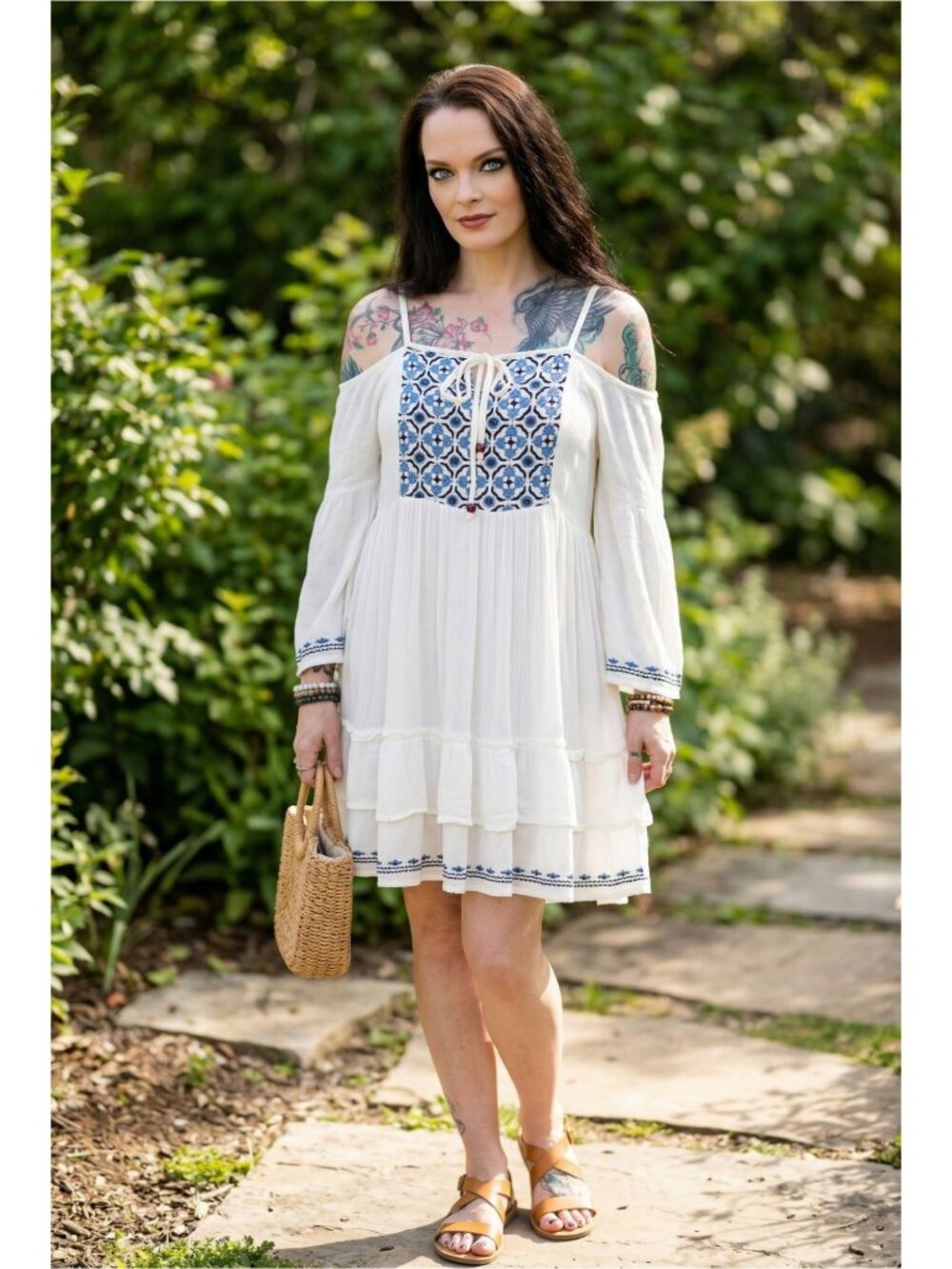 Top Stitch ✦ White Blue Embroidered Peasant Dress ✦ Off‑Shoulder Tiered Hem M